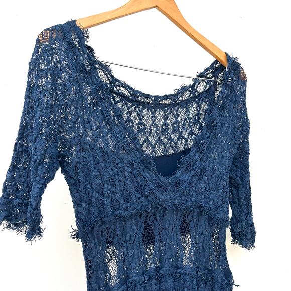 Vintage Nightcap Lace Boho Lace Festival Dress Slit Sheer Navy Blue Size 4 - Picture 8 of 9